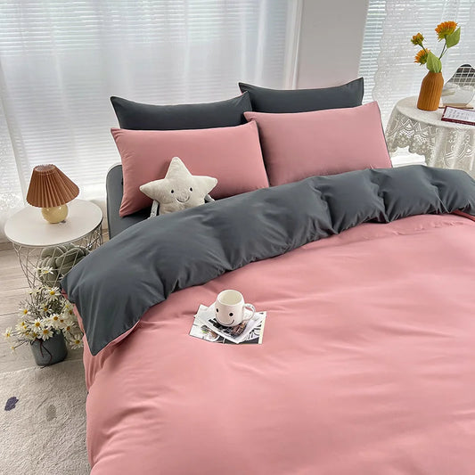 Pink and Grey 4-Piece Cotton Bedding Set - Fits 1.5m/1.8m