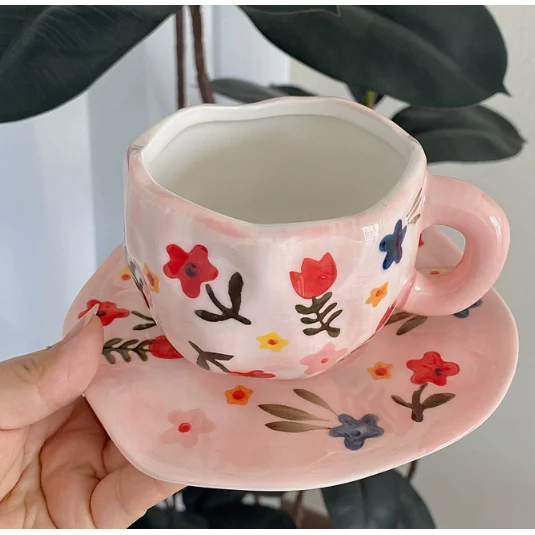 Pink Background Large Floral 300ML Underglaze Hand Pinched