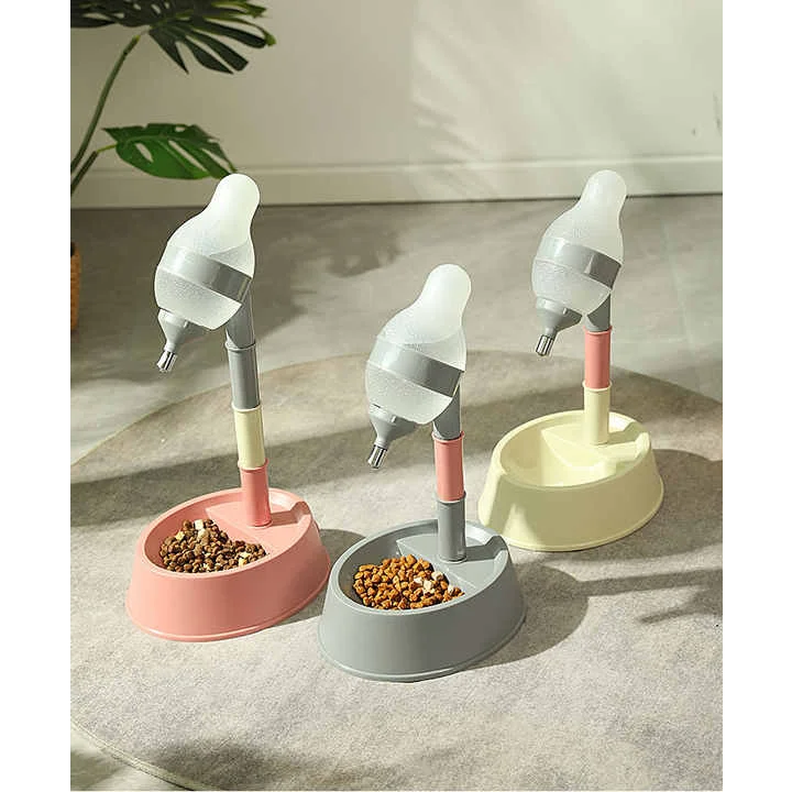 Pink Base Adjustable Height Pet Water Dispenser with Food
