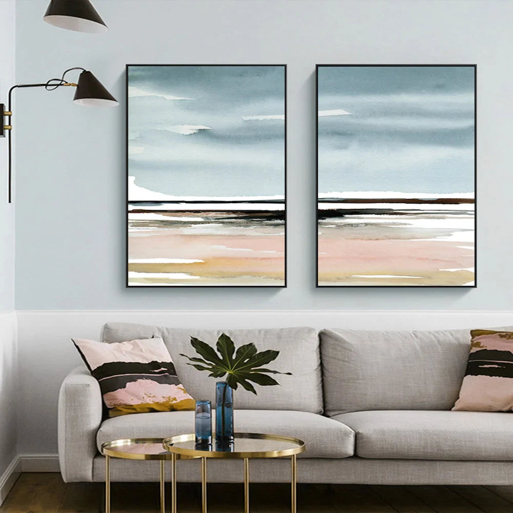 Pink Beach Landscape Wall Art Canvas 40cmx60cm 2 Sets Black