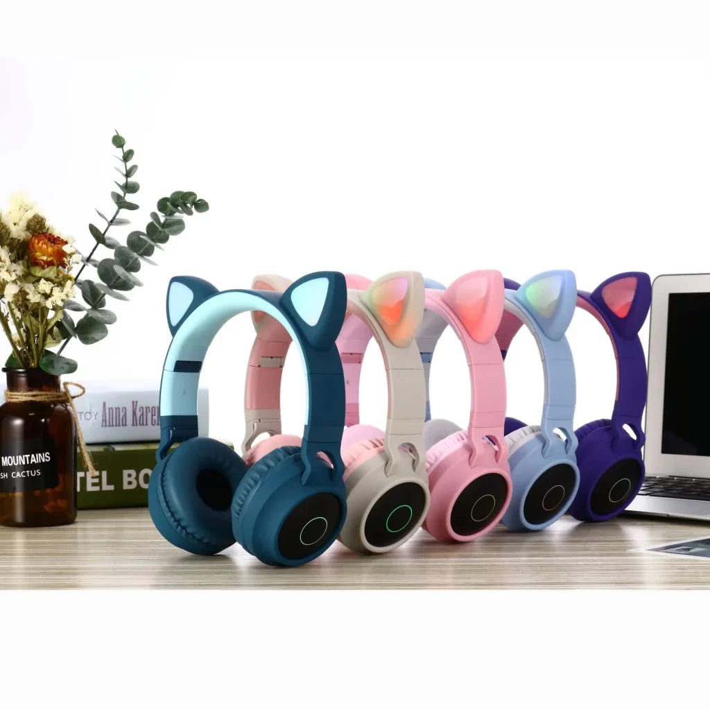 Pink Cat Ear Bluetooth Headphones with LED Lights