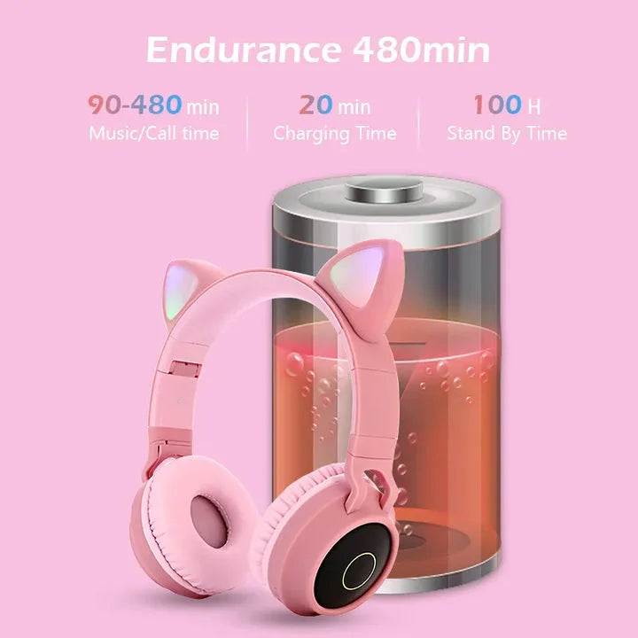Pink Cat Ear Bluetooth Headphones with LED Lights