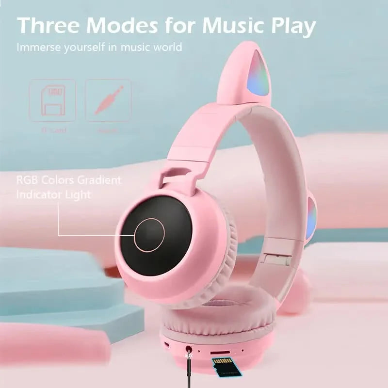 Pink Cat Ear Bluetooth Headphones with LED Lights