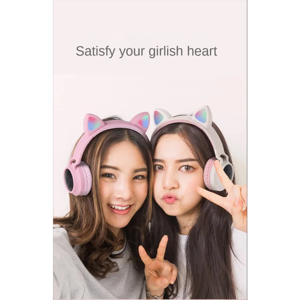 Pink Cat Ear Bluetooth Headphones with LED Lights