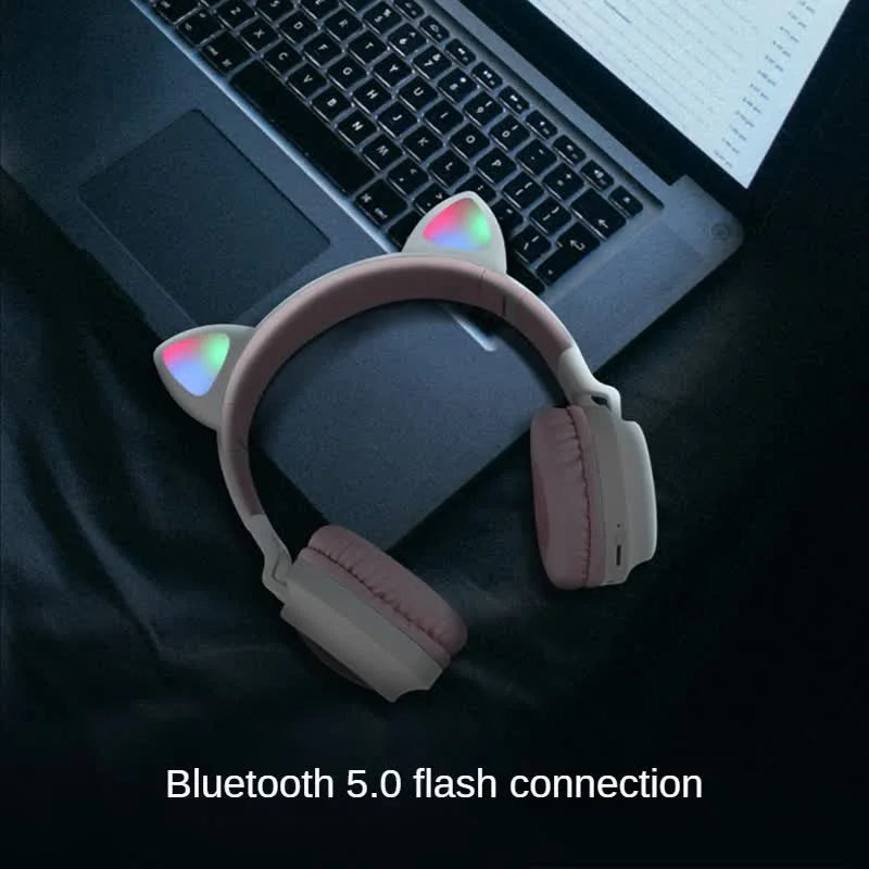 Pink Cat Ear Bluetooth Headphones with LED Lights