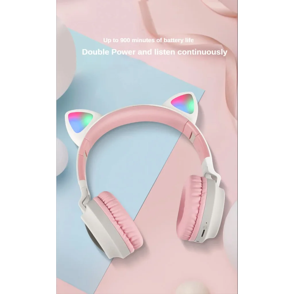 Pink Cat Ear Bluetooth Headphones with LED Lights
