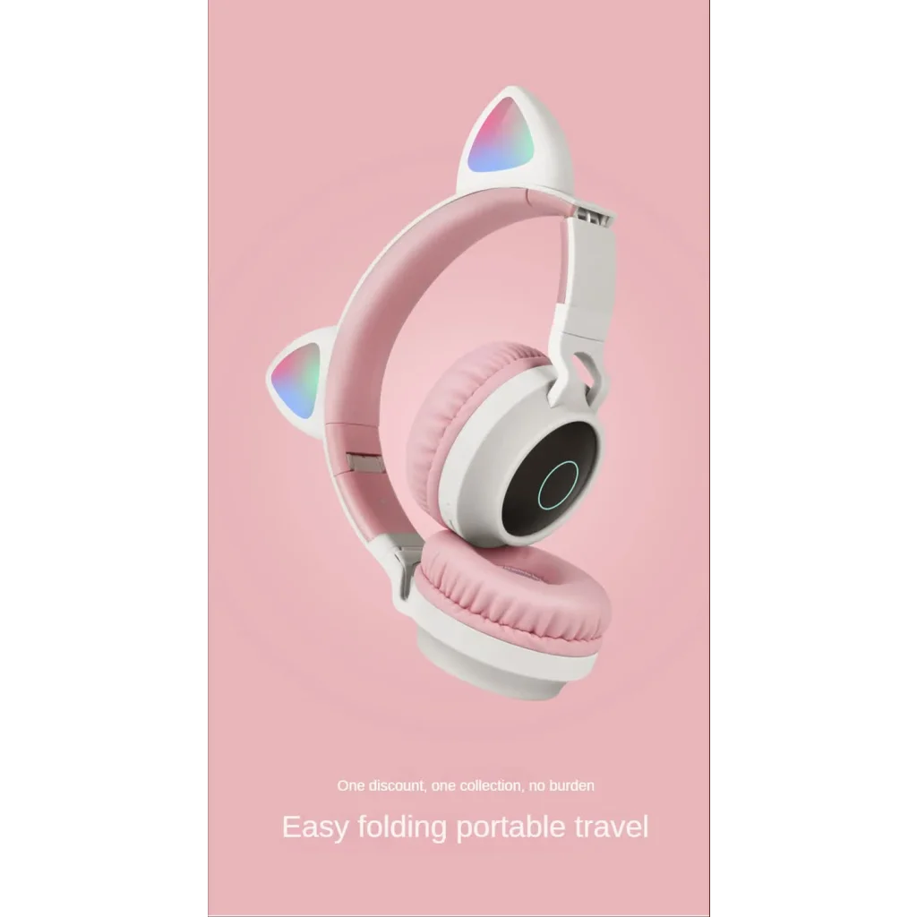 Pink Cat Ear Bluetooth Headphones with LED Lights