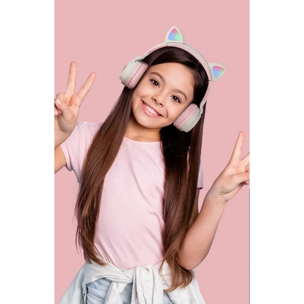 Pink Cat Ear Bluetooth Headphones with LED Lights