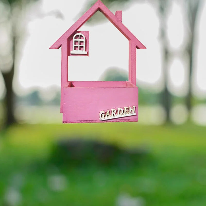 Pink Charming Wooden House Hanging Bird Feeder Attract
