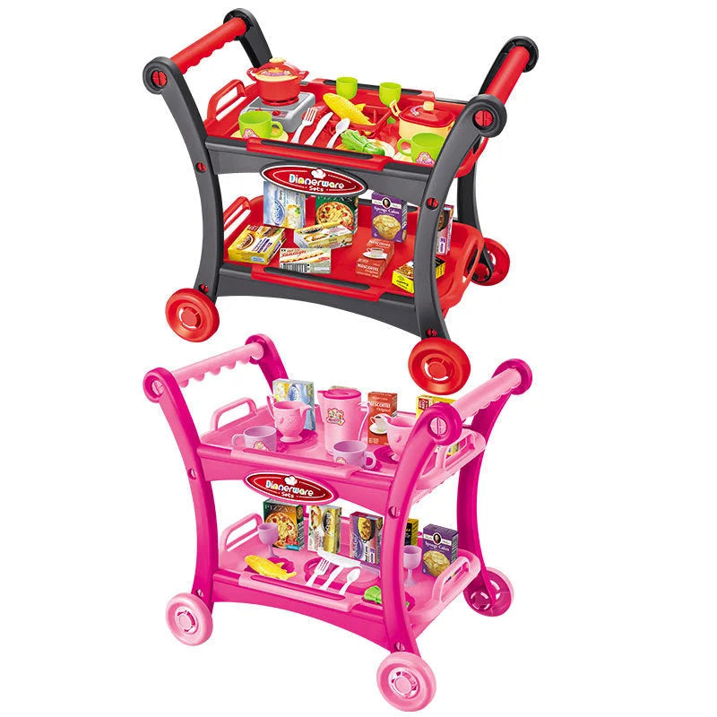 Pink Children’s Pretend Play Kitchen Cart Set with Toys