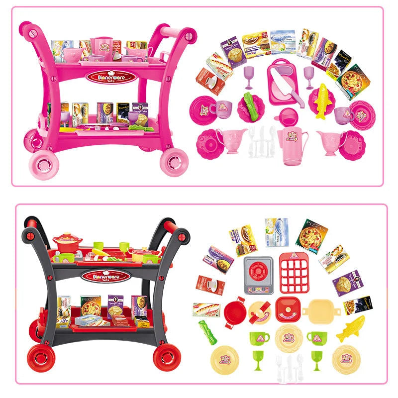 Pink Children’s Pretend Play Kitchen Cart Set with Toys