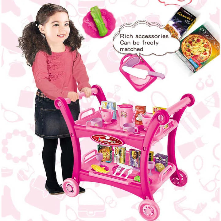 Pink Children’s Pretend Play Kitchen Cart Set with Toys