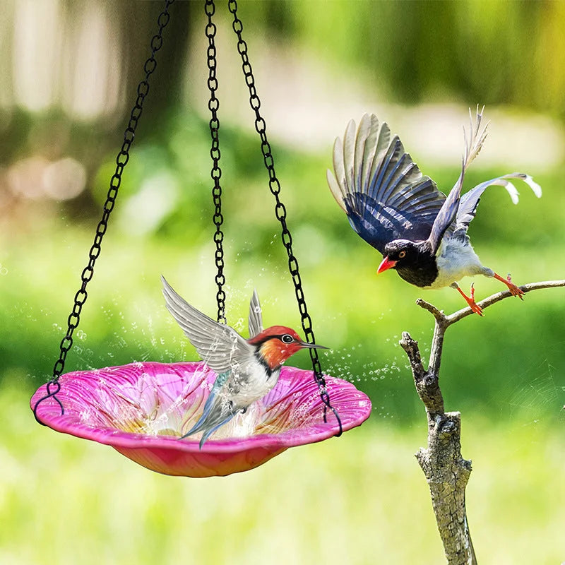 Pink Decorative Hanging Glass Flower Bird Bath - 8.1 Inch