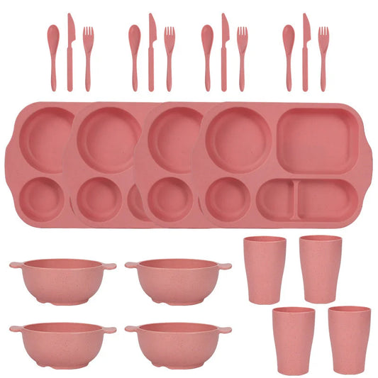Pink Durable Eco-Friendly Wheat Straw Dinnerware Set - 24