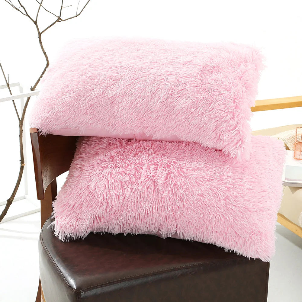 Pink Faux Fur Pillowcase Set - Crystal Velvet Plush Throw