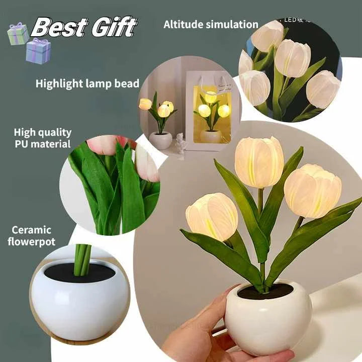 Pink Flowers USB Tulip Night Light - Bedroom Decor Table