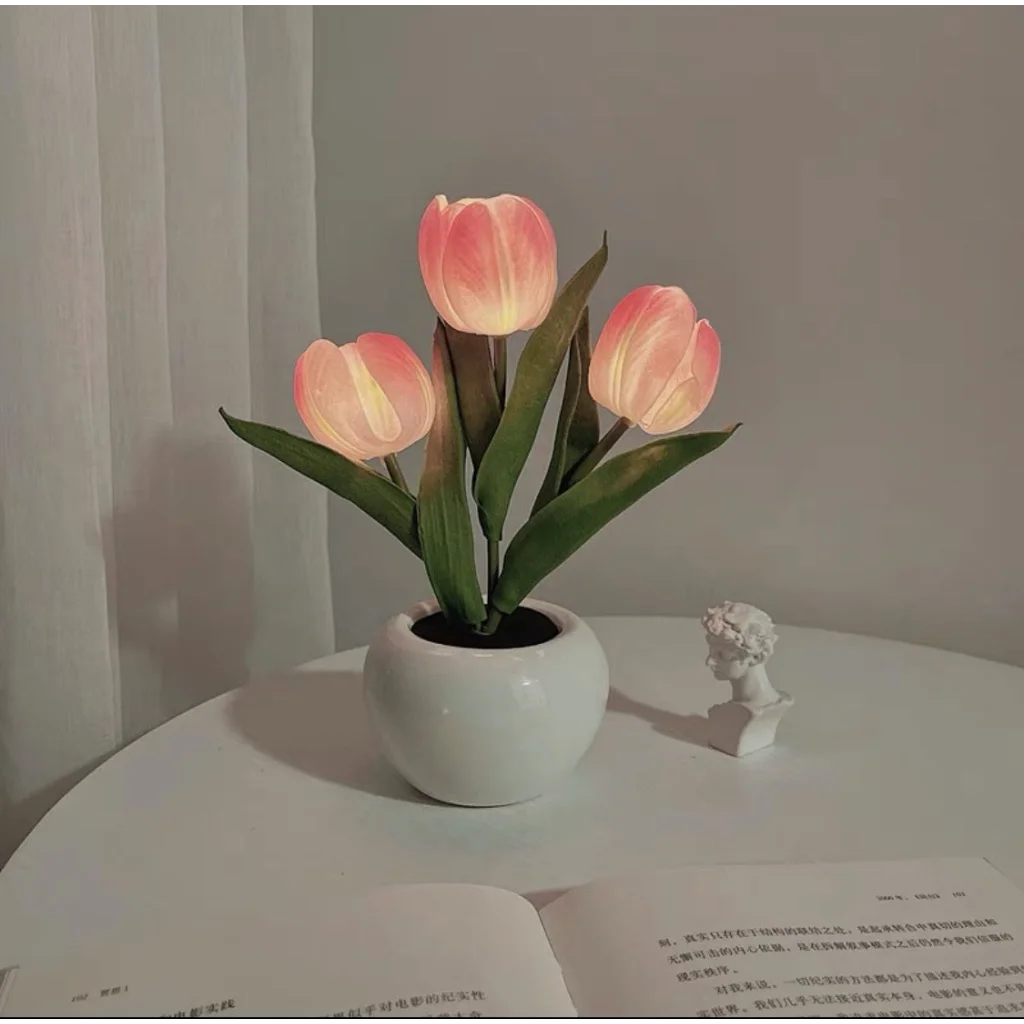 Pink Flowers USB Tulip Night Light - Bedroom Decor Table