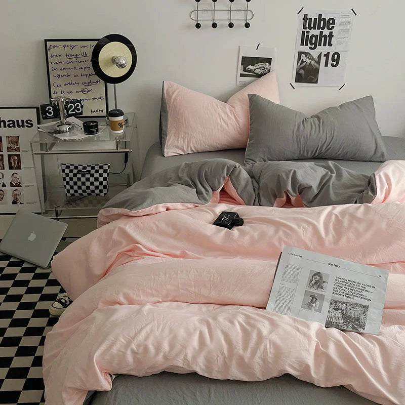 Pink-grey 1.5m Bed Fitted Sheet Set with 200x230cm Duvet