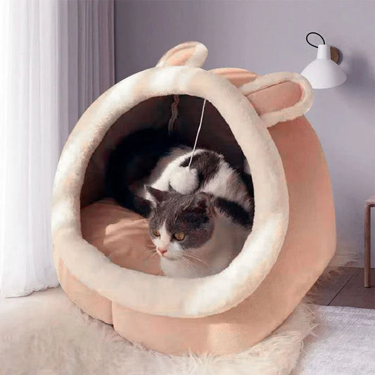Pink Half-Enclosed Cat Bed - Soft Short Velvet Fabric