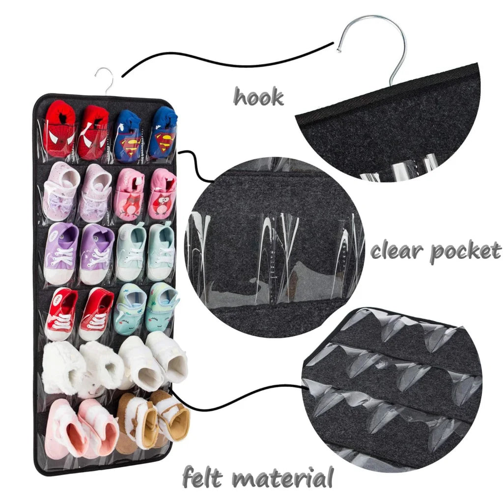 Pink Hanging Felt Shoe Organizer with 24 Clear Pockets