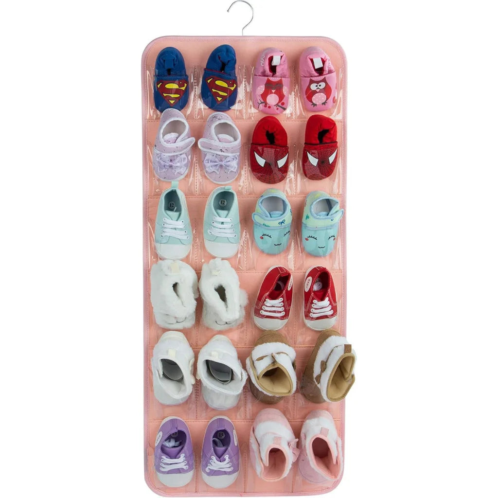 Pink Hanging Felt Shoe Organizer with 24 Clear Pockets