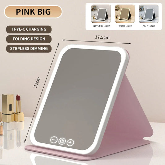 Pink Large Foldable LED Makeup Mirror - Portable Desktop