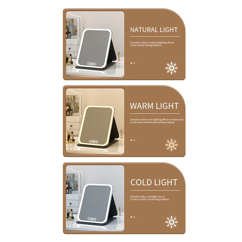 Pink Large Foldable LED Makeup Mirror - Portable Desktop