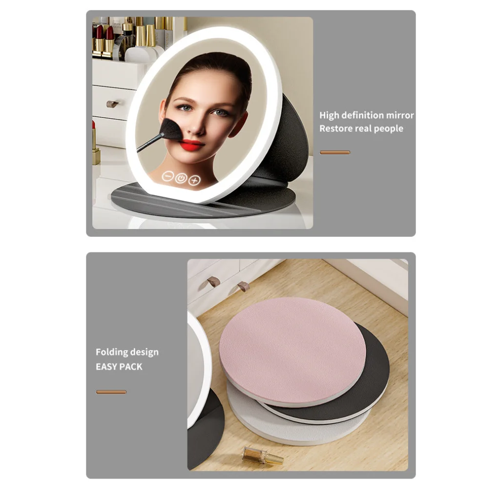 Pink Large Round Foldable LED Makeup Mirror - 22cm Desktop