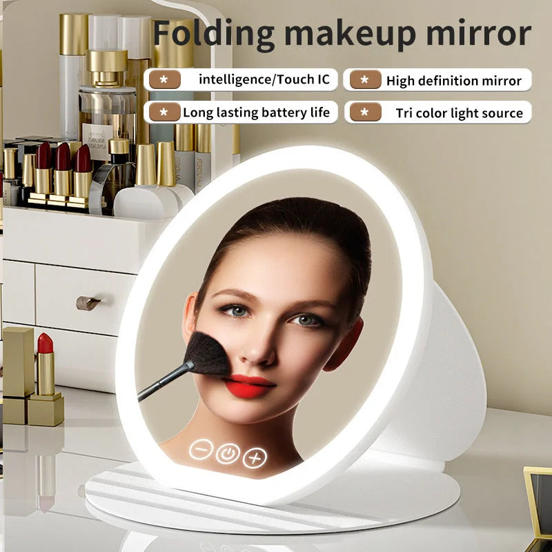 Pink Large Round Foldable LED Makeup Mirror - 22cm Desktop