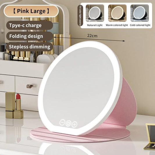 Pink Large Round Foldable LED Makeup Mirror - 22cm Desktop