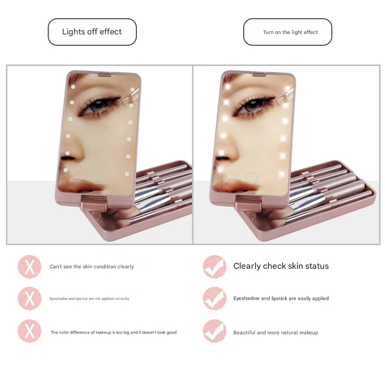 Pink LED Lighted Makeup Mirror with 5-Piece Cosmetic Brush