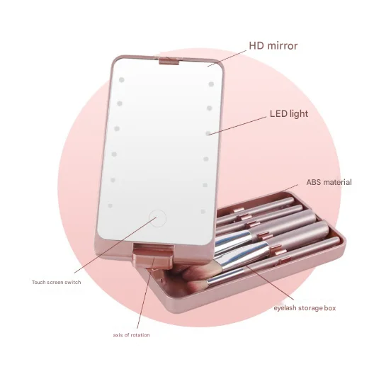Pink LED Lighted Makeup Mirror with 5-Piece Cosmetic Brush