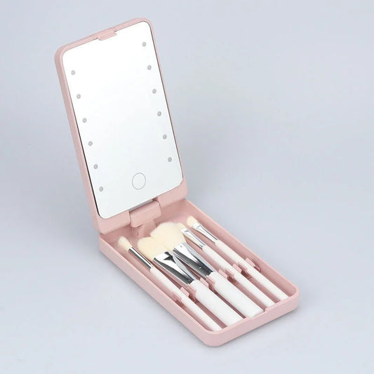 Pink LED Lighted Makeup Mirror with 5-Piece Cosmetic Brush