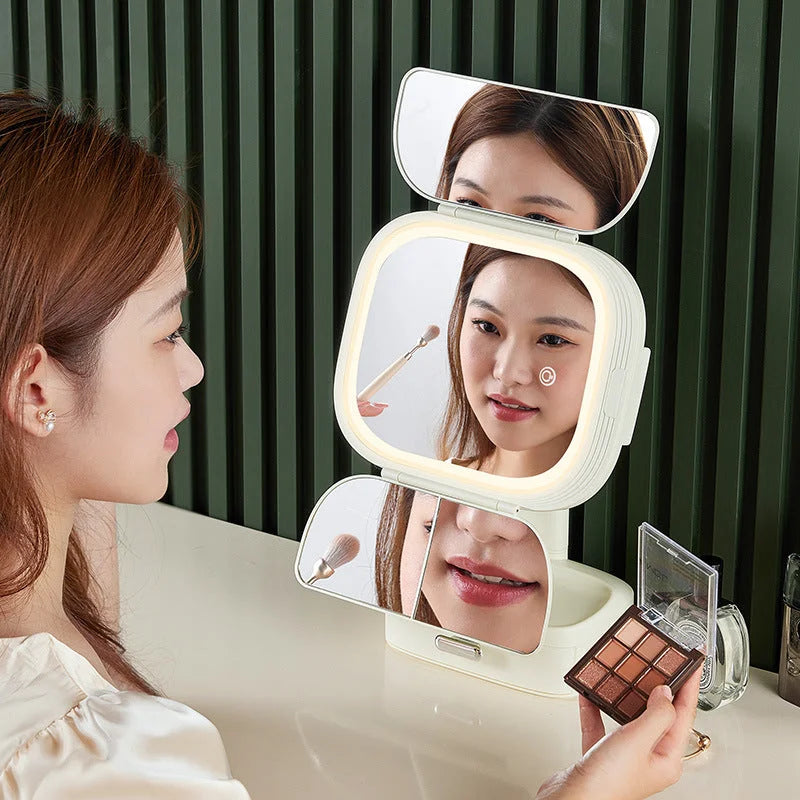 Pink LED Lighted Tri-Fold Makeup Mirror with Storage Drawer