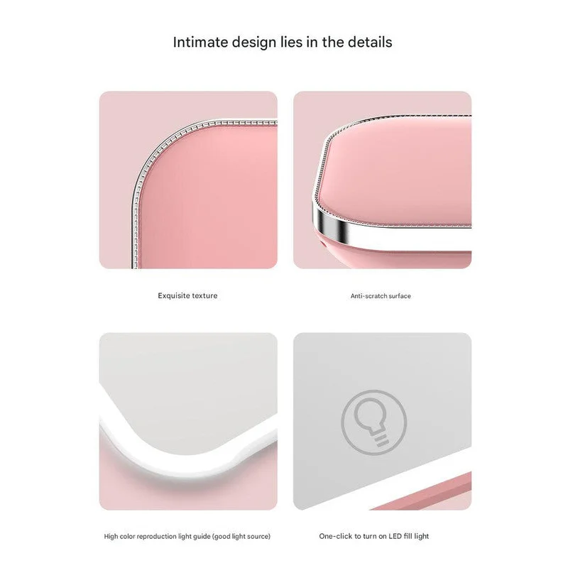 Pink LED Makeup Mirror with Light - Portable Folding USB