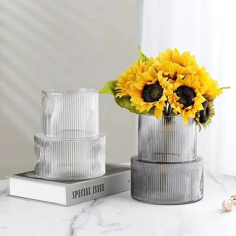 Pink Modern Two-Tier Ribbed Glass Vase - Elegant