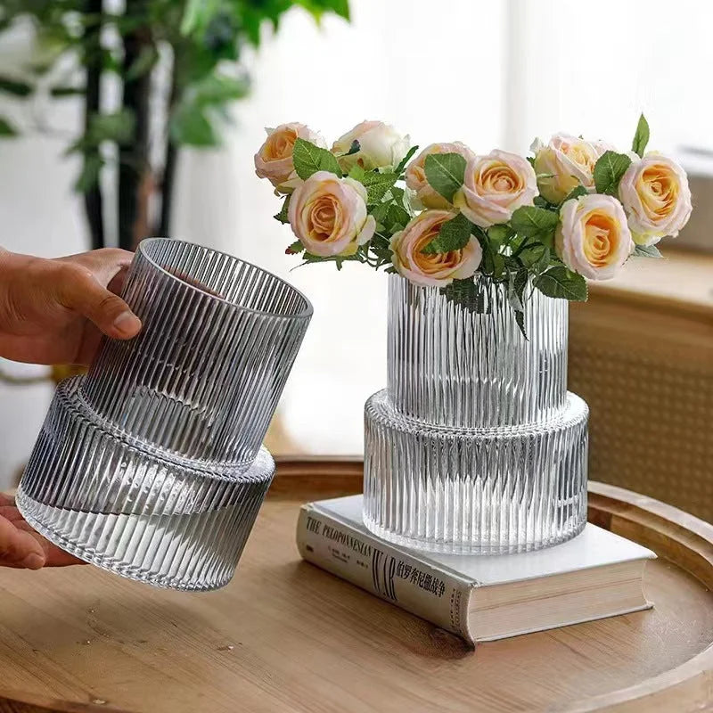 Pink Modern Two-Tier Ribbed Glass Vase - Elegant