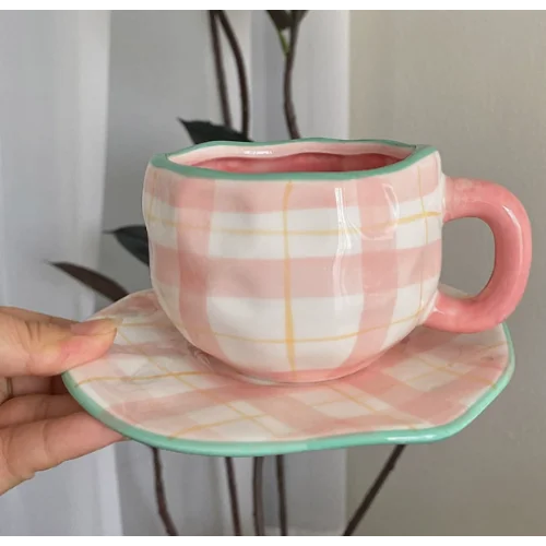 Pink Plaid 300ML Underglaze Hand Pinched