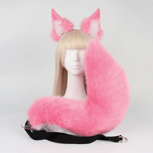 Pink Plush Faux Fur Fox Ears Headband and Tail Set