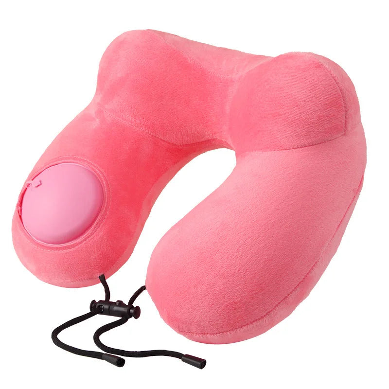 Pink Press-to-Inflate Travel Neck Pillow - Ergonomic
