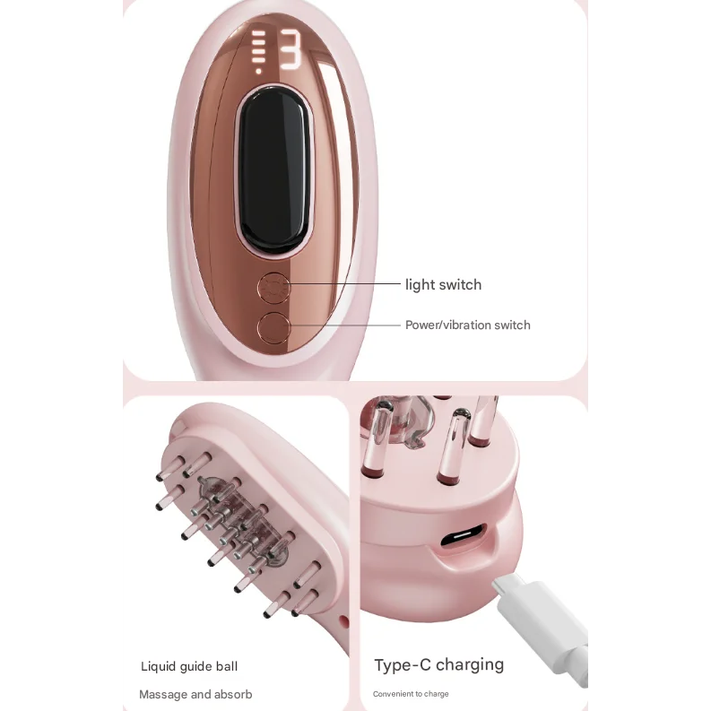 Pink Rechargeable Electric Scalp Massager with Red & Blue