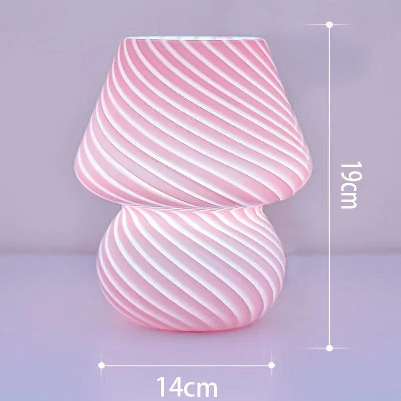 Pink Retro Swirl Glass Mushroom Table Lamp - USB Powered