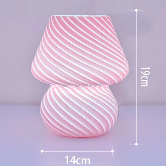 Pink Retro Swirl Glass Mushroom Table Lamp - USB Powered