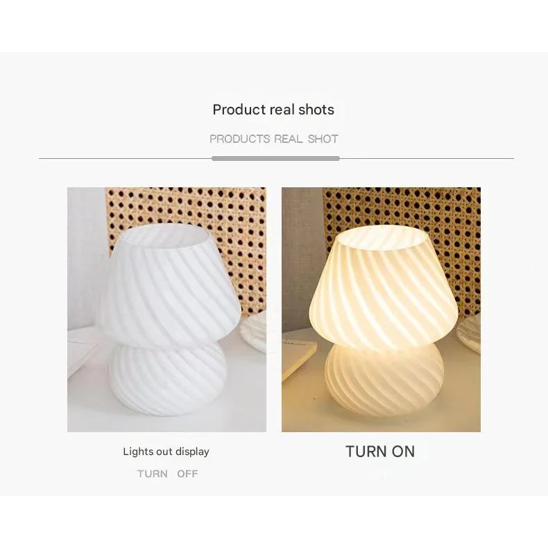 Pink Retro Swirl Glass Mushroom Table Lamp - USB Powered