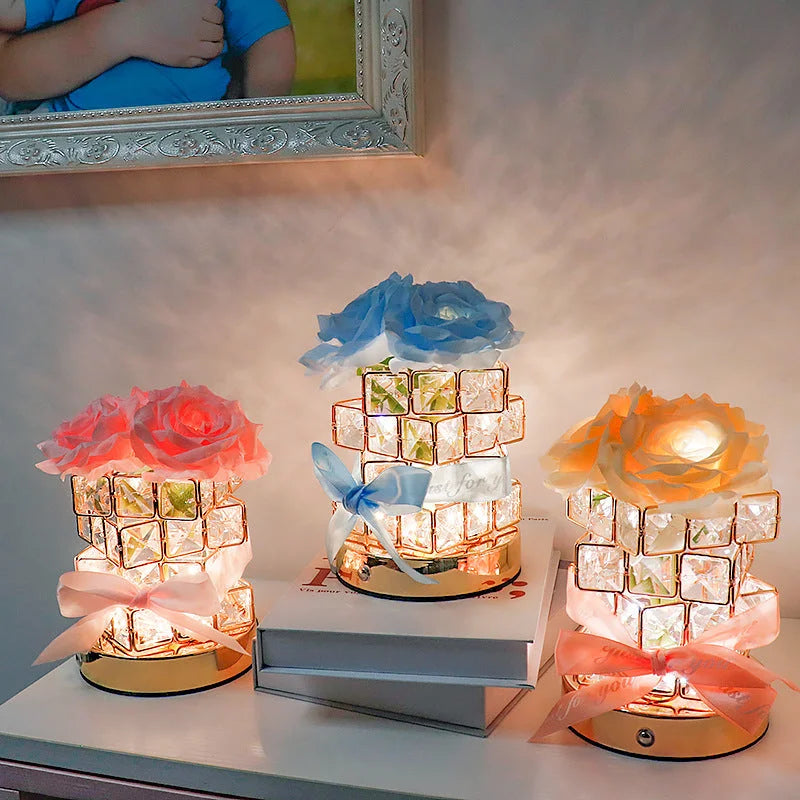 Pink Rose LED Crystal Flower Table Lamp - USB Rechargeable
