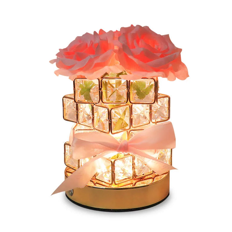 Pink Rose LED Crystal Flower Table Lamp - USB Rechargeable