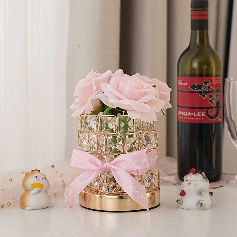 Pink Rose LED Crystal Flower Table Lamp - USB Rechargeable