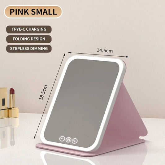 Pink Small Foldable LED Makeup Mirror - Portable Desktop