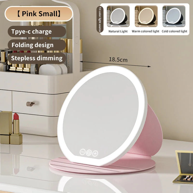 Pink Small Round Foldable LED Makeup Mirror - 18.5cm