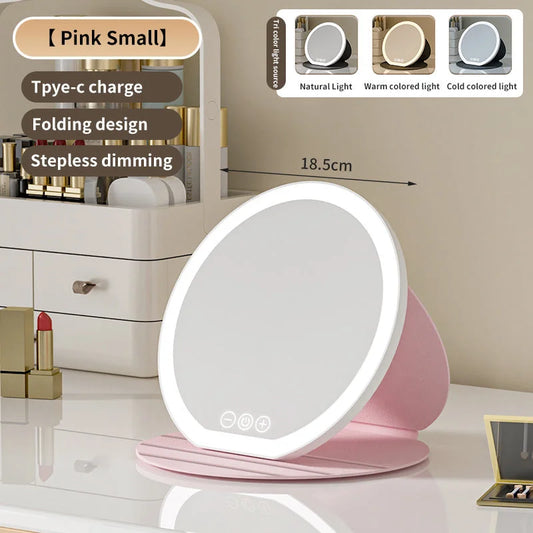 Pink Small Round Foldable LED Makeup Mirror - 18.5cm